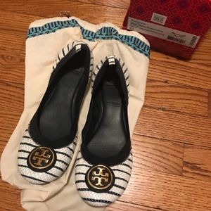 Tory Burch white and blue stripe snakeskin flats